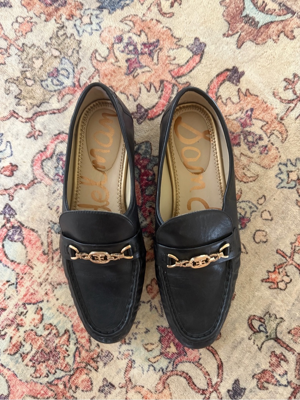 Sam Edelman Black Leather Women's Bit Loafers with Gold Chain Detail - Picture 3 of 4